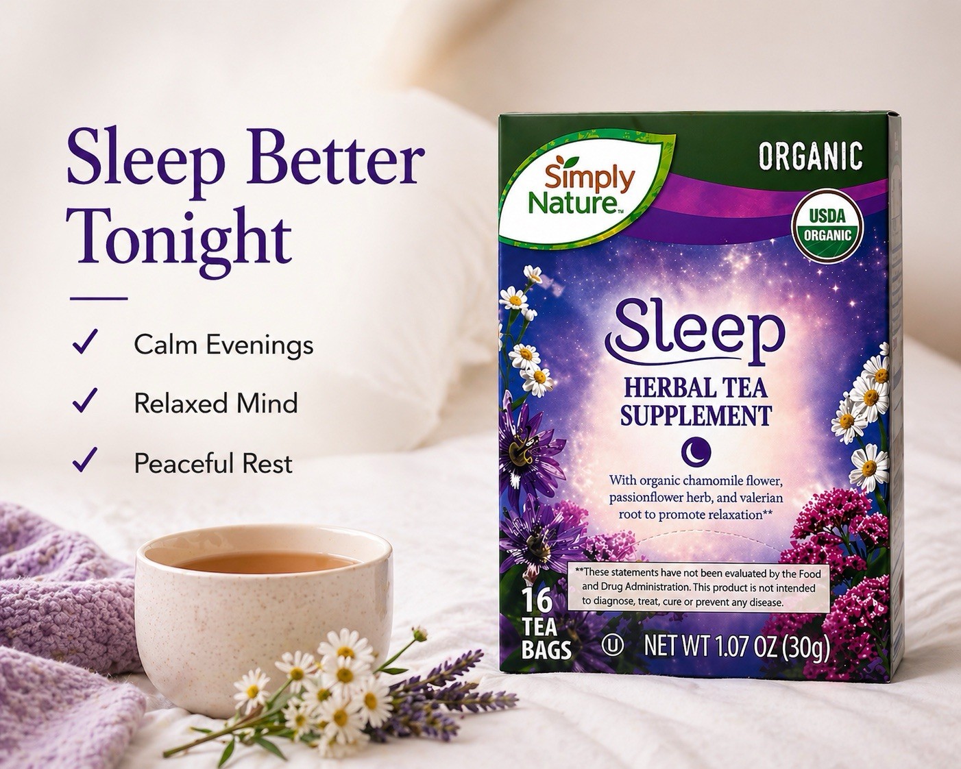 Organic Sleep Tea Chamomile Valerian Root Herbal Blend Nighttime Relaxation 16Ct