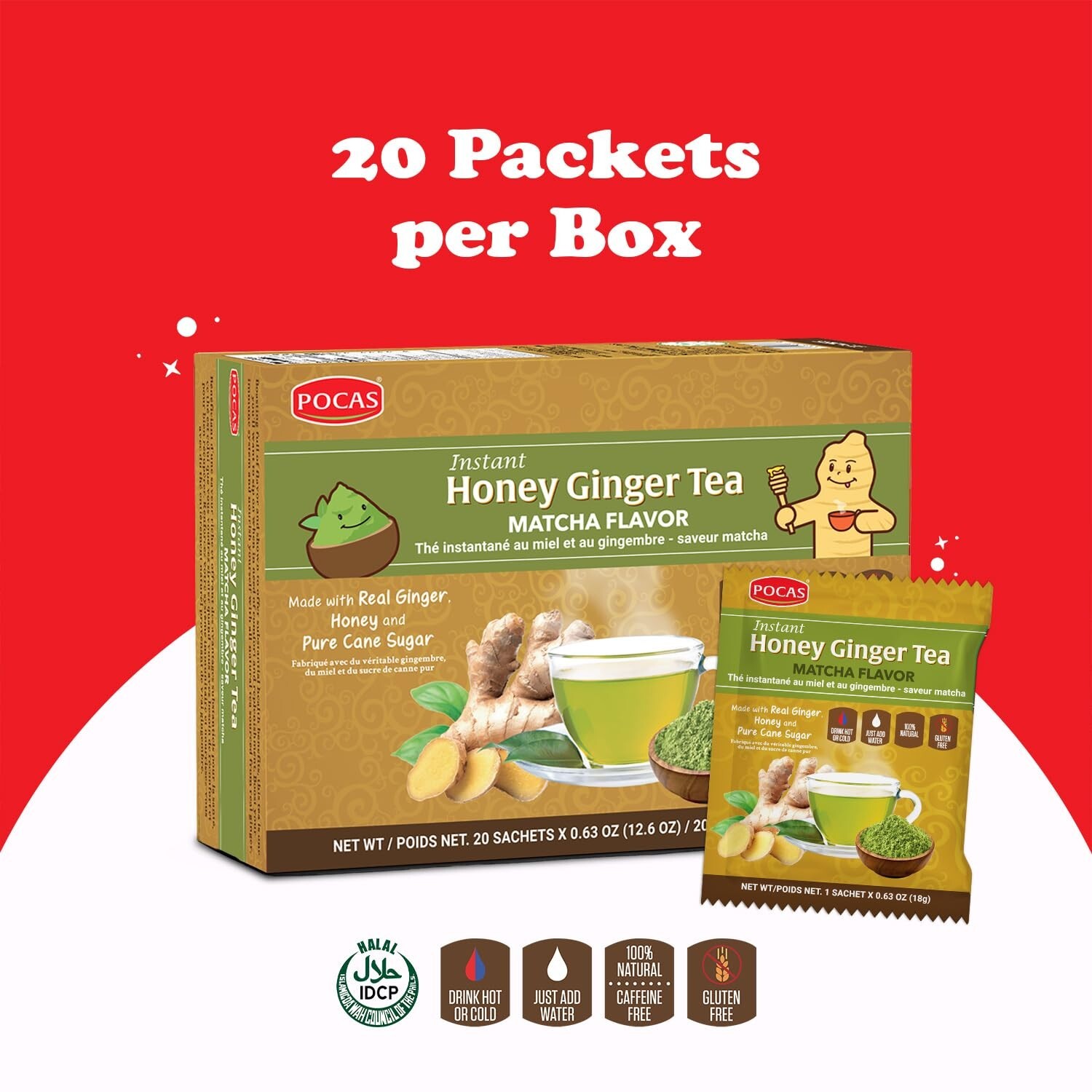 Pocas Honey Ginger Tea Matcha Instant Non GMO Gluten Caffeine Free 20 Ct 2 Boxes