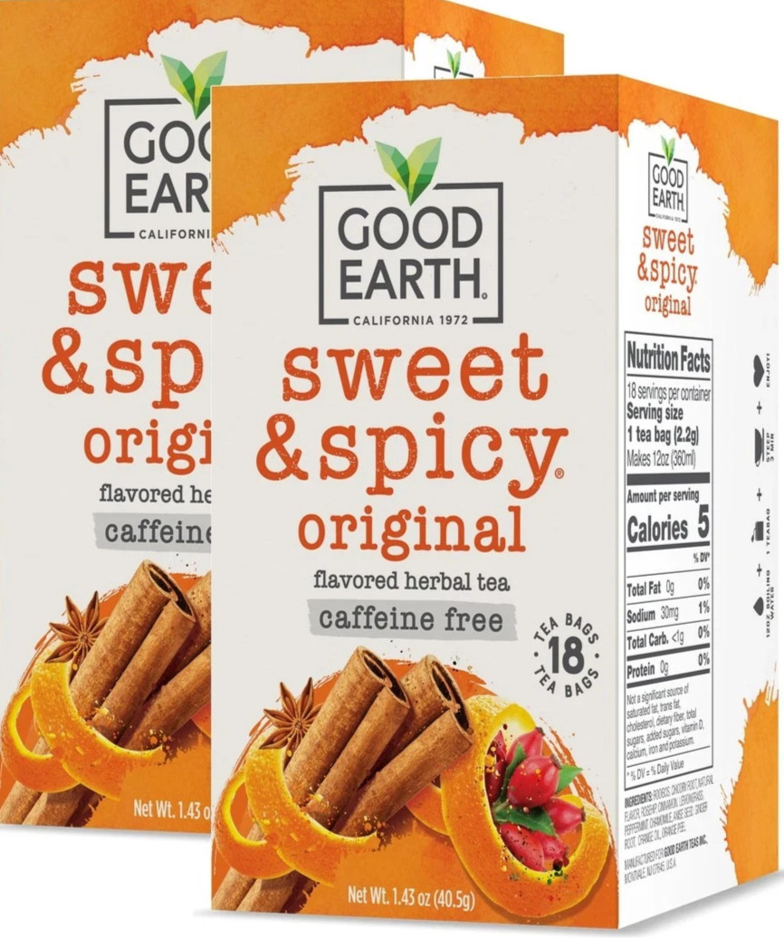 2 Boxes Good Earth Sweet & Spicy Herbal Tea 36 Bags Caffeine, Gluten Free