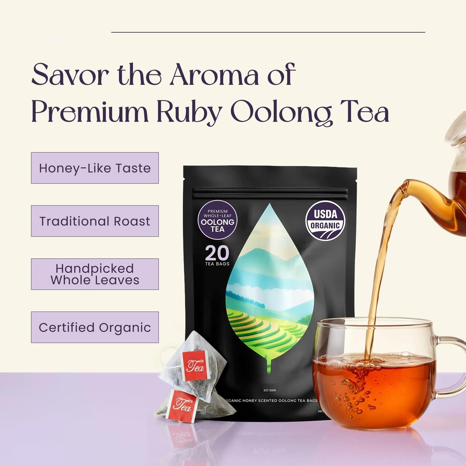 PiPi Tea Organic Oolong Bags – Whole Leaf, 20 (4g Each) 20