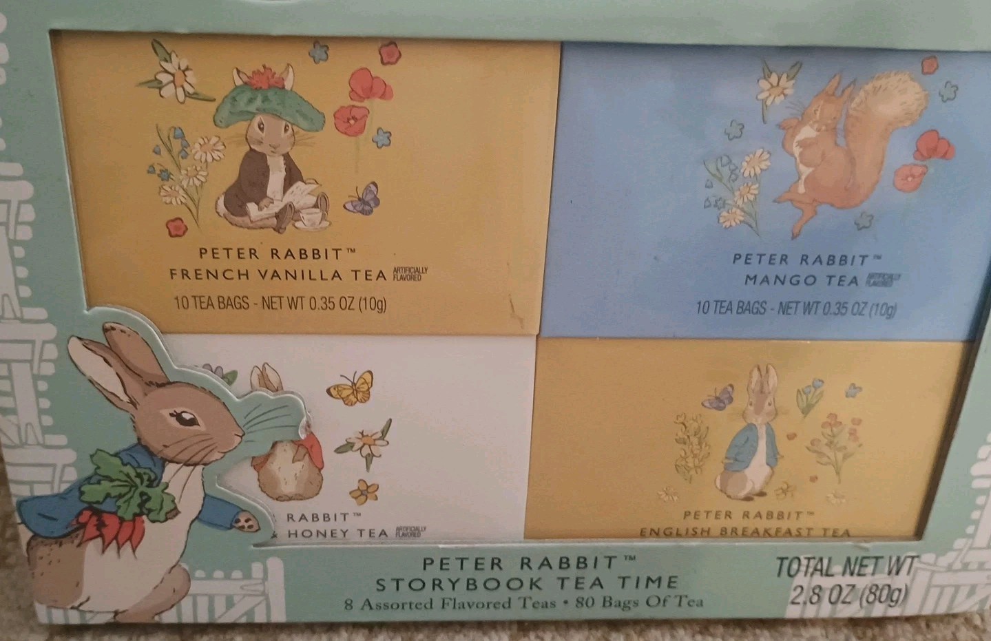 BEATRIX POTTER Peter Rabbit Tea time set 80 bags 8 flavors w etched bunny spoon