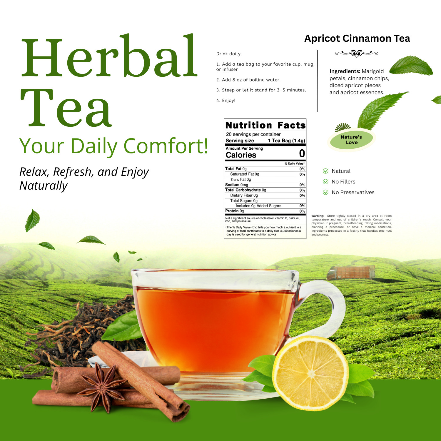 Apricot Cinnamon Tea | 20 Tea Bags | Naturally Flavored Herbal Tea