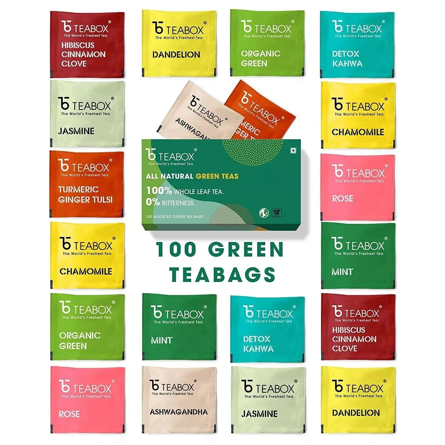 Teabox Green Tea Sampler Bags 100pcs (10pcs X 10 flavors) | 100% Natural