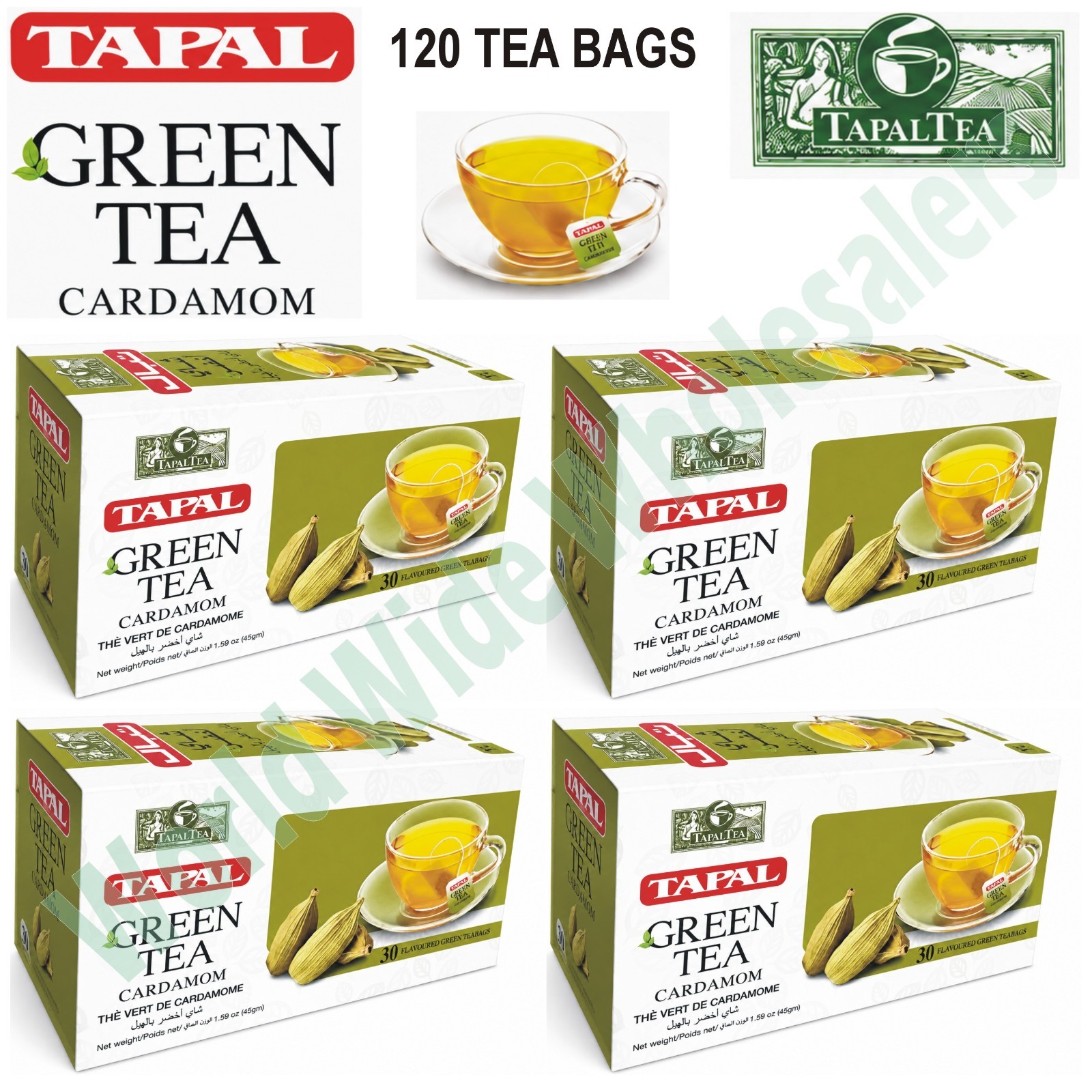 TAPAL Organic Green Tea, Cardamom Flavor – 4 Pack – Total 120 Tea Bags – Premium