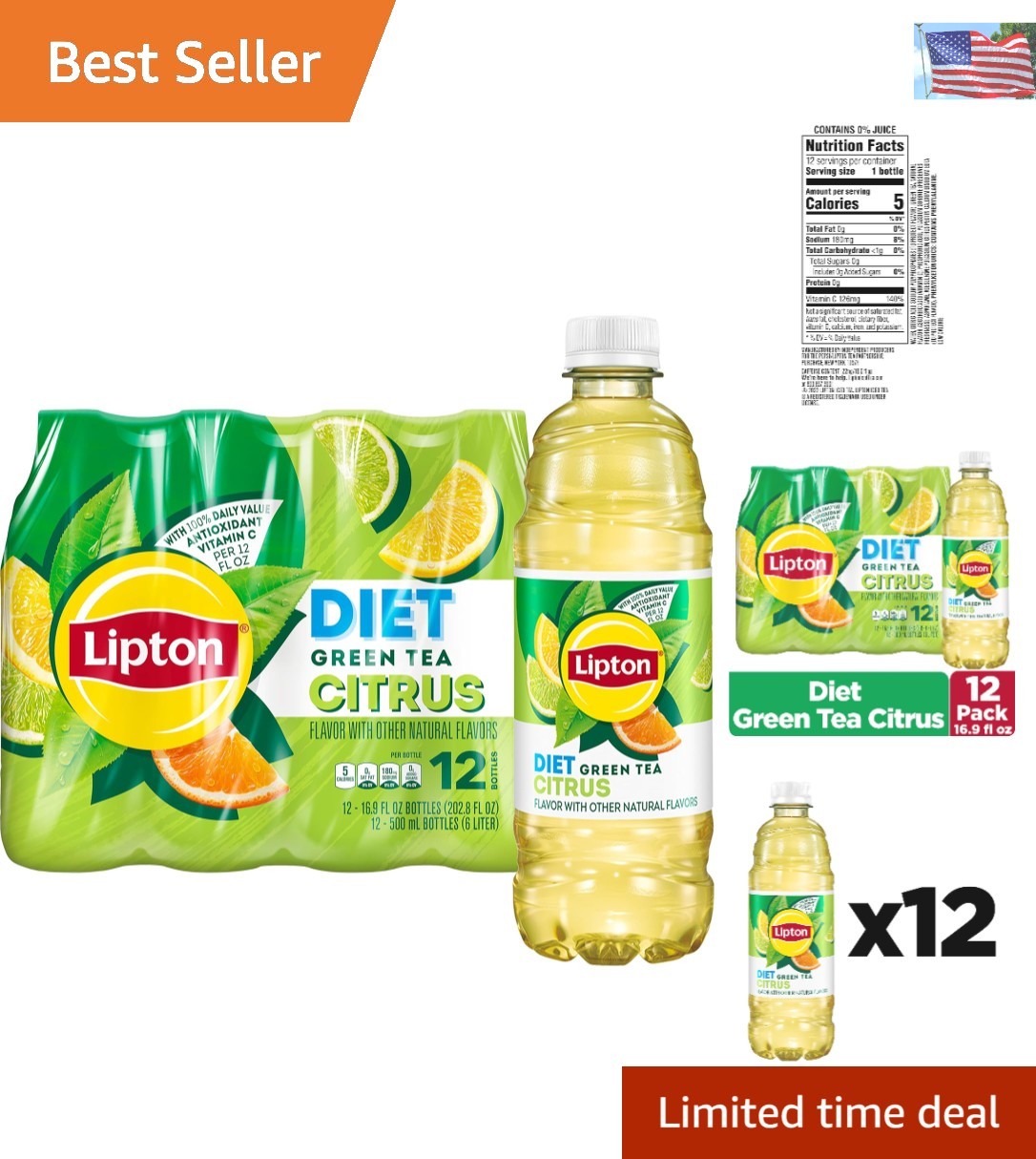 Refreshing Diet Green Tea Citrus, Zero Sugar – 12 Bottles, 16.9 Fl Oz Each