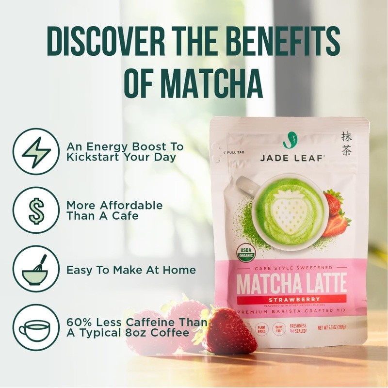 Organic Strawberry Matcha Latte Powder Easy At Home Barista Style Caffeine Boost