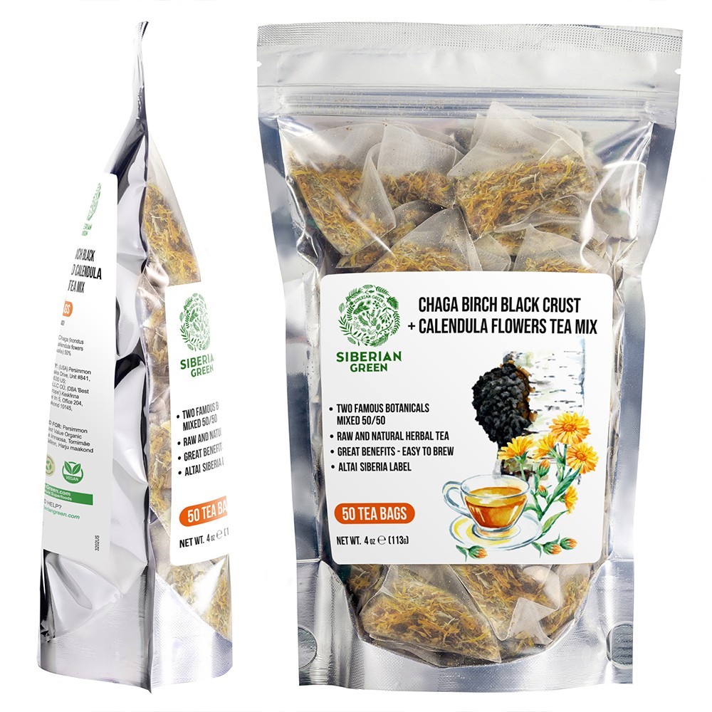 Chaga and Calendula Herbal Tea Caffeine Free Mushroom and Flower Tea 50 Bags