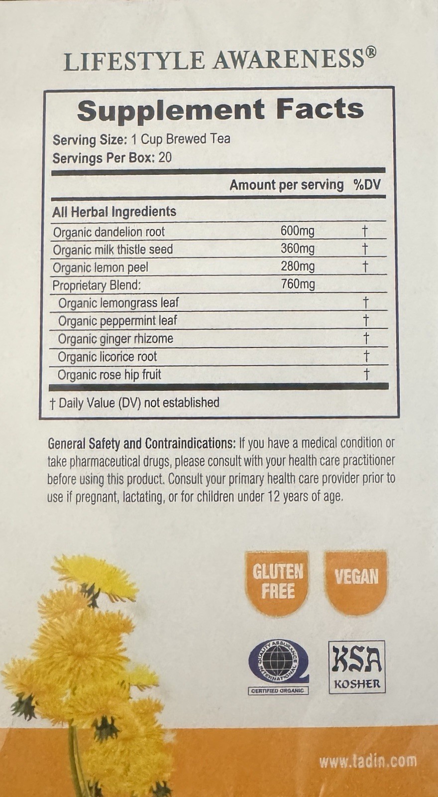 Lot Of 2’ Lifestyle Awareness Caffeine Free Dandy Liver Detox Tea, 20 Count Each