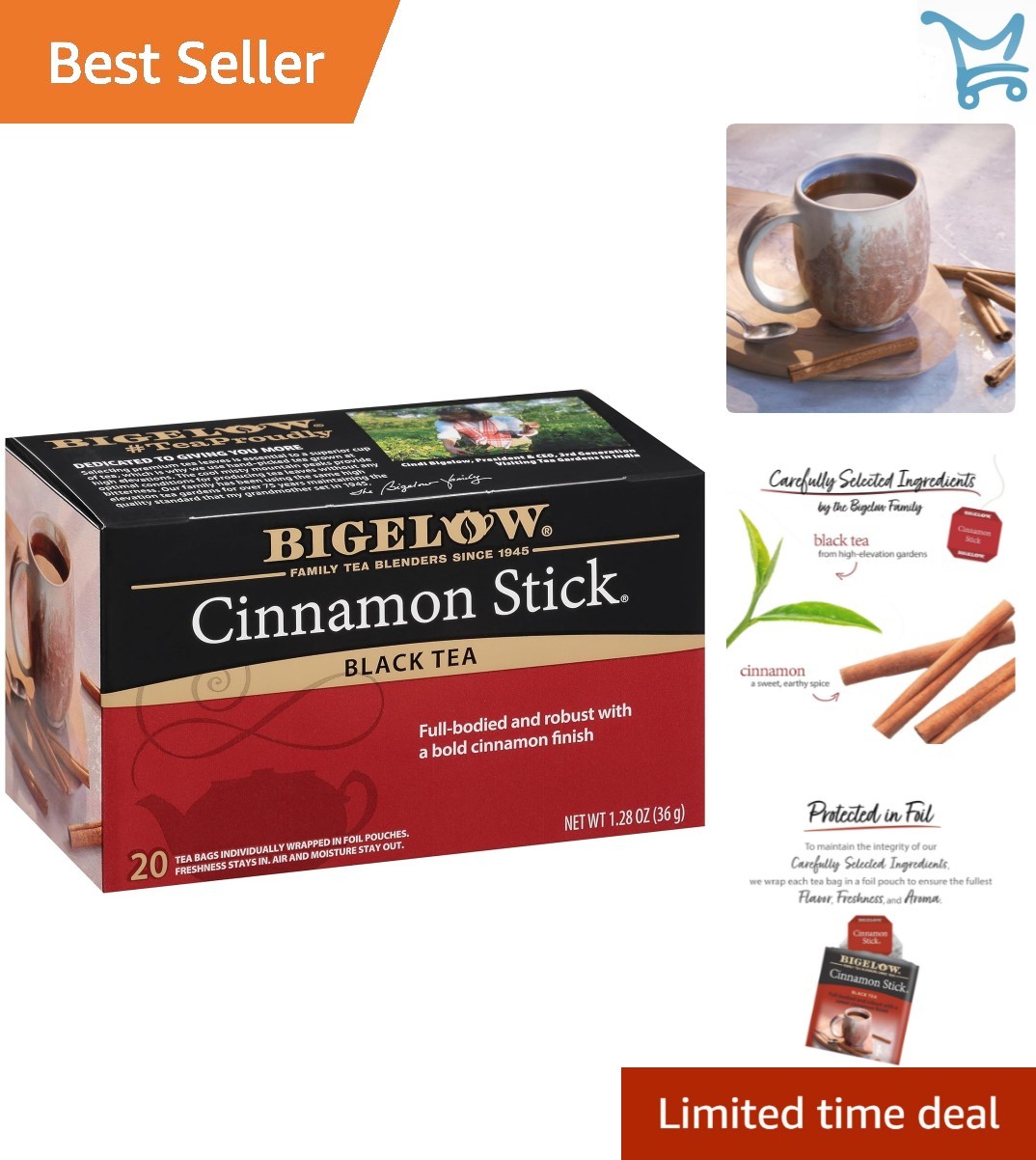 Cinnamon Stick Black Tea Bags 20 Count Pack of 6 Caffeinated Coffee Substitute