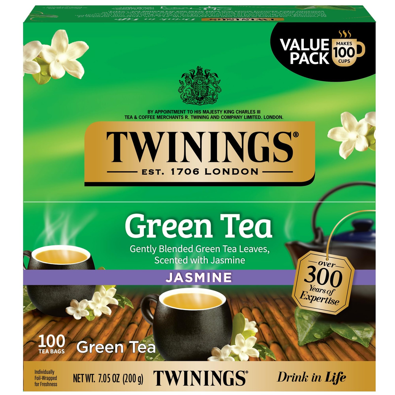 Twinings Green Tea with Jasmine Individually Wrapped 100 Count (Pack of 1)