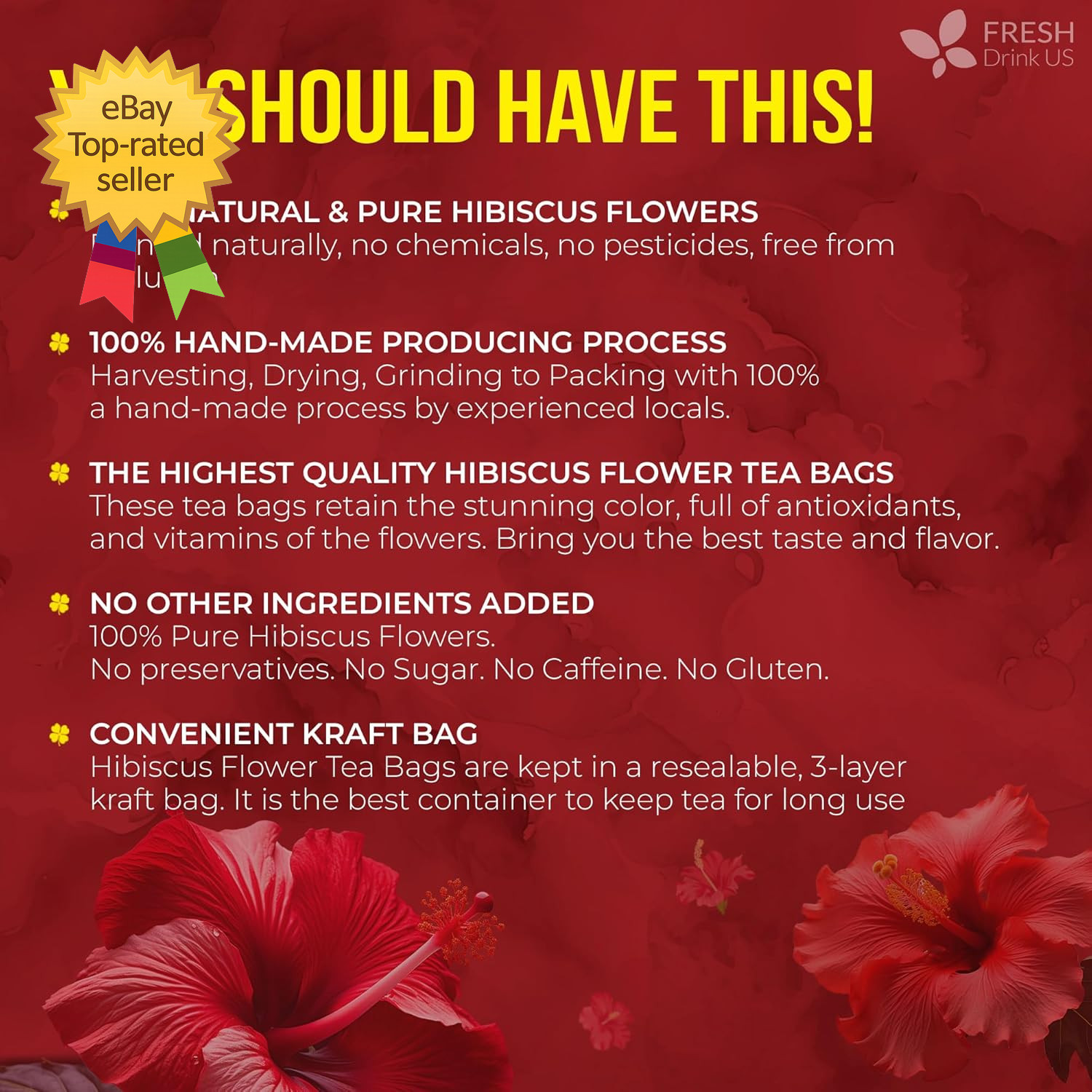 140 Hibiscus Flower Tea Bags Natural Herbal Loose Flower Tea Caffeine Free Vegan
