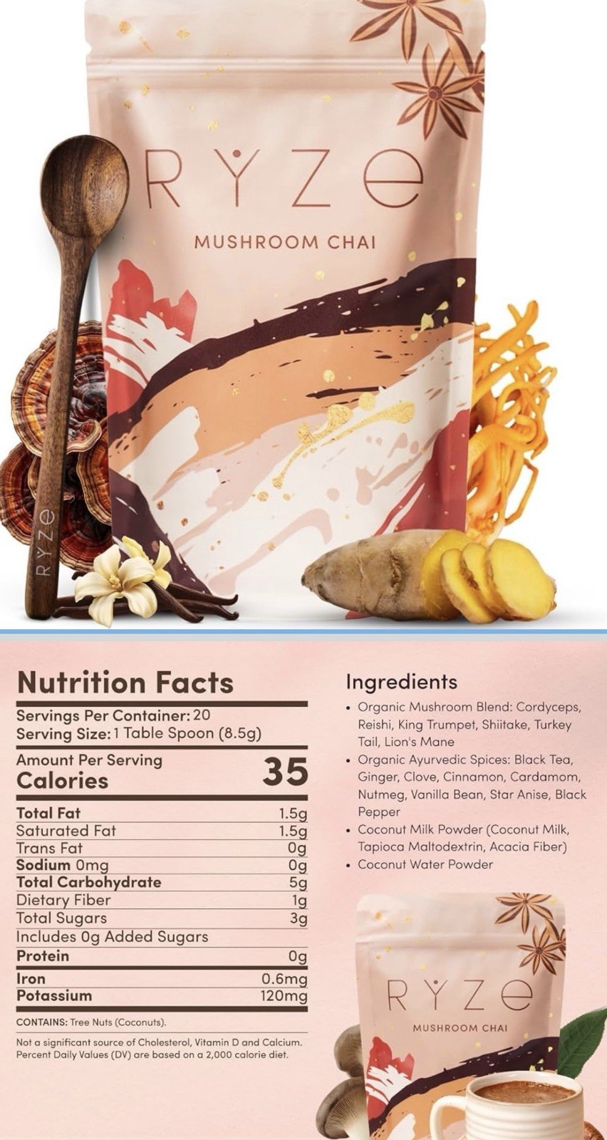 RYZE Mushroom Chai Tea & Infusion Powder Adaptogenic Non-GMO Ayurvedic Spices