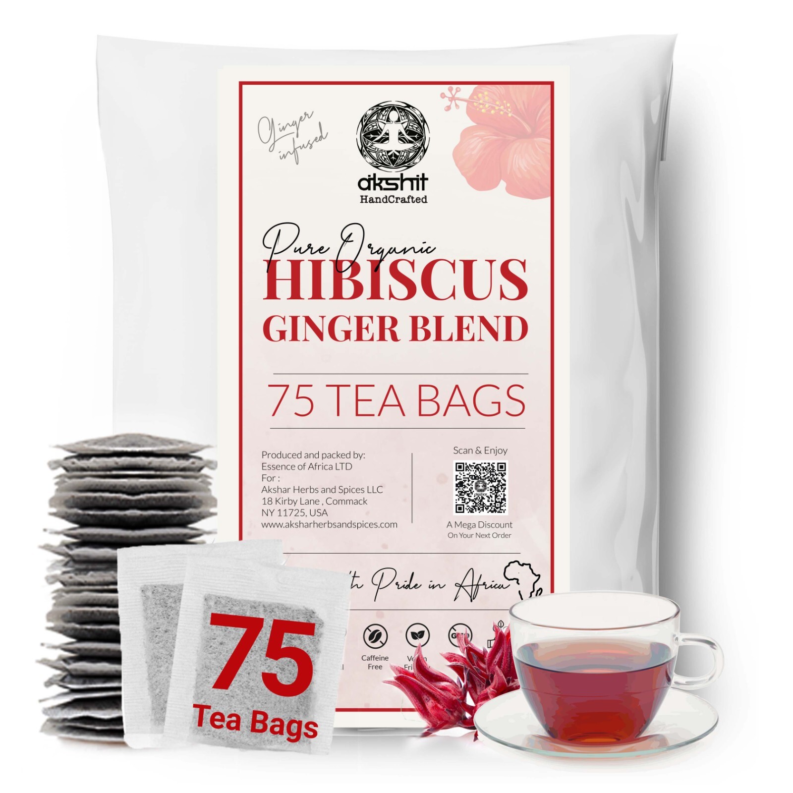 75 Hibiscus Tea Bags, Hibiscus Ginger Tea Blend, Herbal Tea, Weight Loss Tea