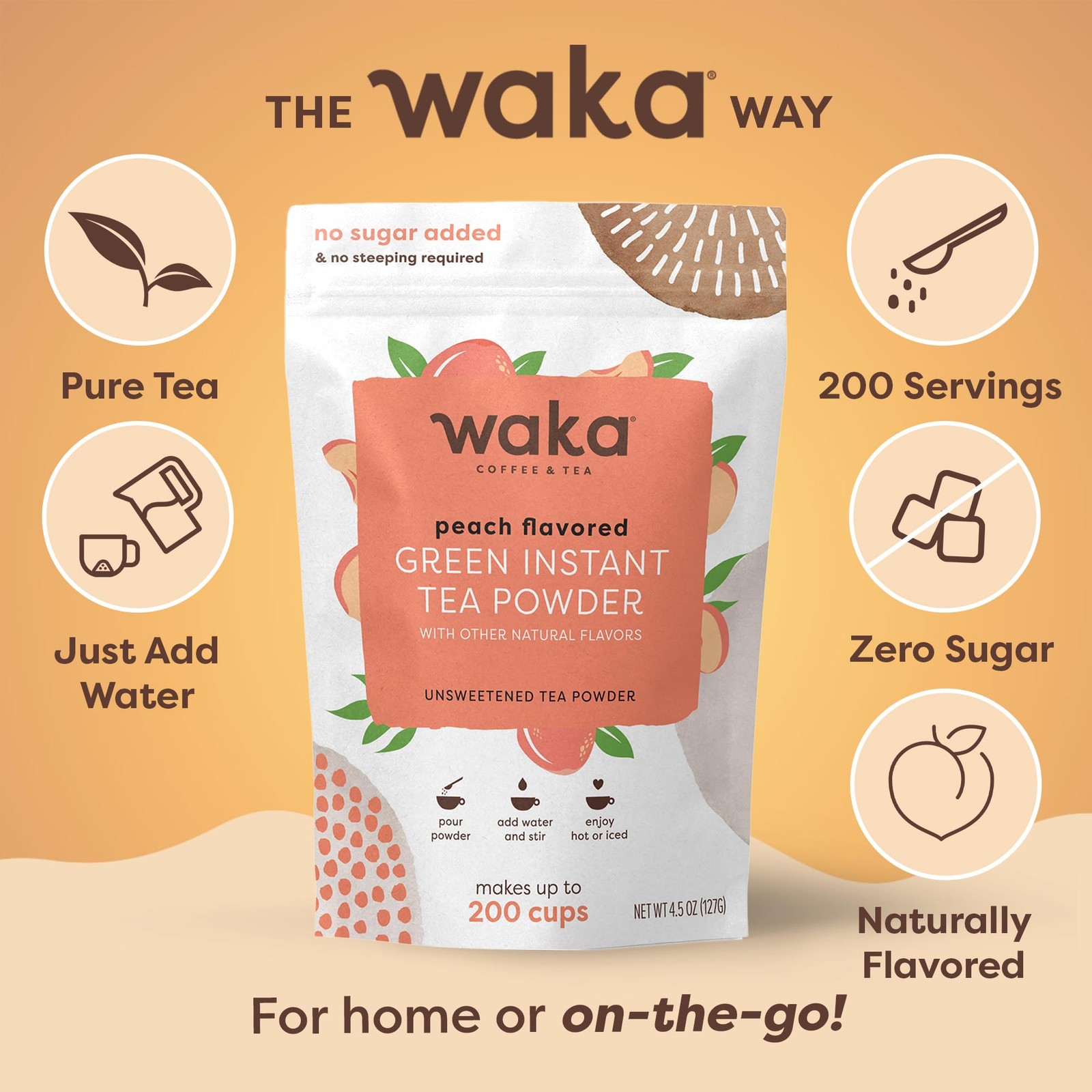 Waka Instant Green Tea Mix, Peach Flavored – 100% 4.5 Ounce (Pack of 1)
