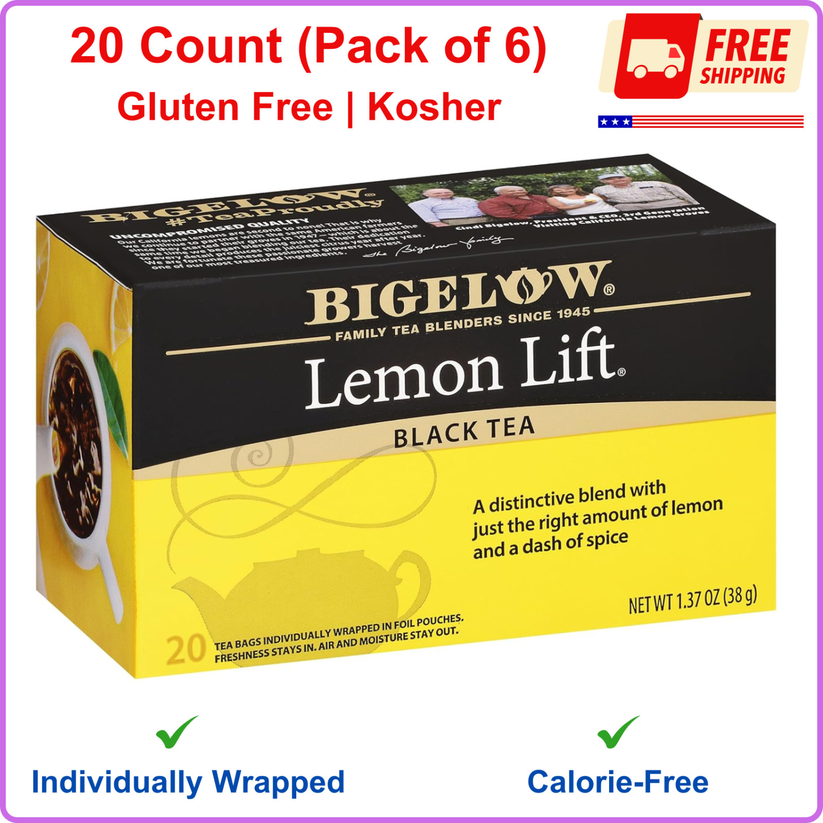 Bigelow Tea Lemon Lift Black Teabags Box, Caffeinated, 20 Ct, 6 Pack Gluten Free