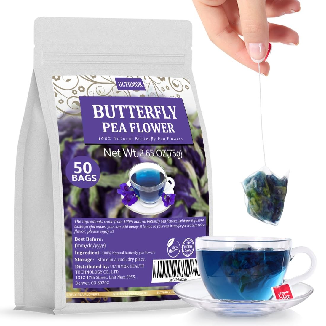 Premium Butterfly Pea Flower Tea Bags – 100 Natural, Caffeine-Free, 50 Count
