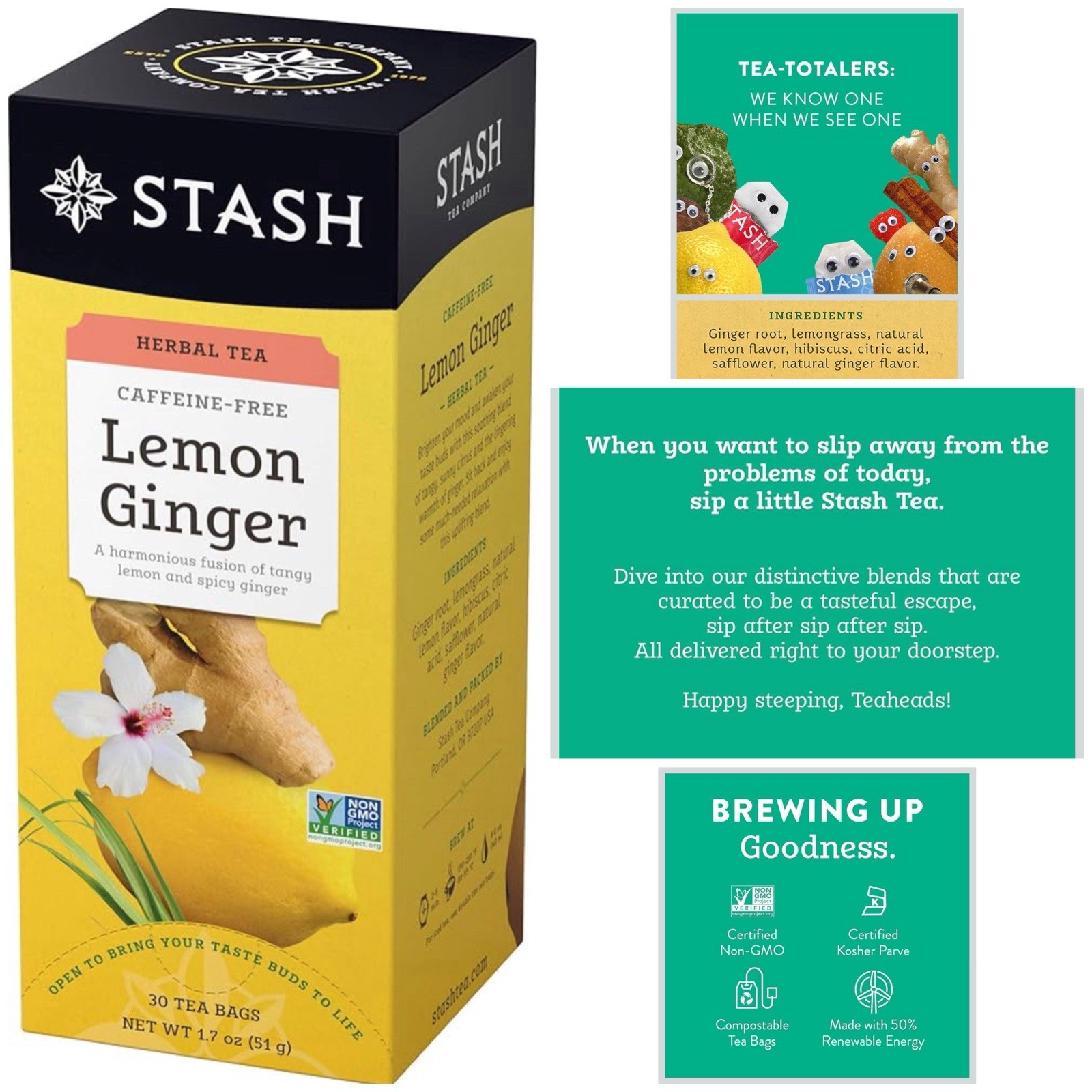 Lemon Ginger Tea STASH 6 BOX total 180 Tea Bags . Caffeine Free. Herbal Tea