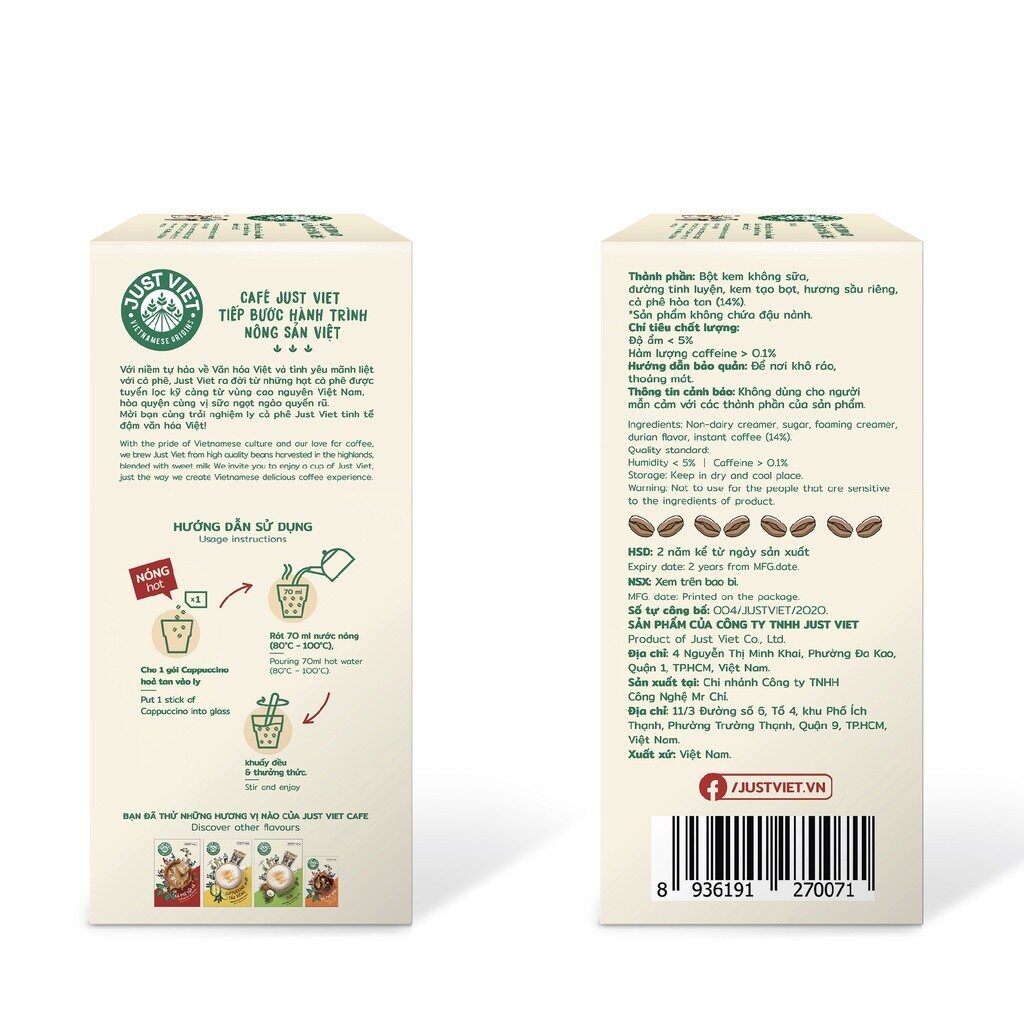 Vietnamese Coconut & Durian Cappuccino JustViet Coffee 170 & 200 Grams VietsWay