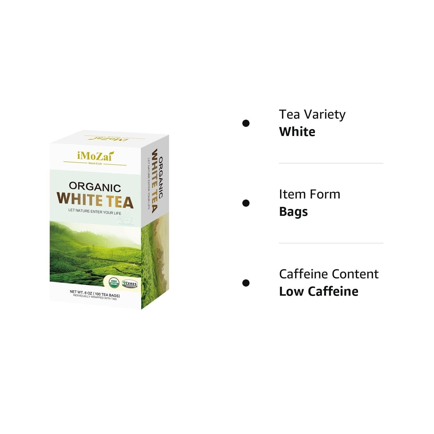 USDA Certified Organic White Tea Bags – 15-20mg Caffeine, Individually Wrapped
