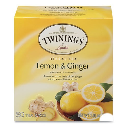 TWININGS Tea Bags, Lemon and Ginger, 2.65 oz, 50/Box, 2 Boxes/Pack (Total 100)