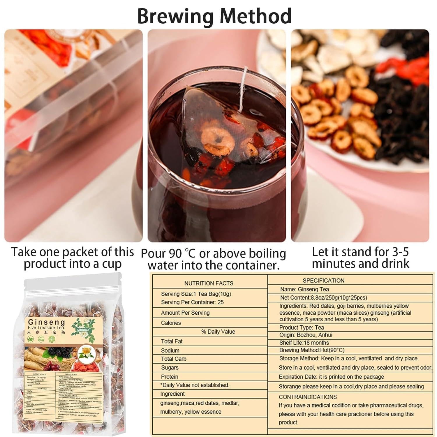 Ginseng Five Treasures Tea Kidney Tea,Te De RiñOn Saludable Organica,Red Date…