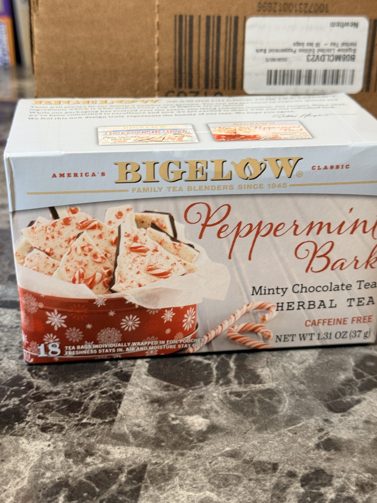 Case Bigelow Peppermint Bark Minty Chocolate Herbal Tea 18 Tea Bags Caffeine