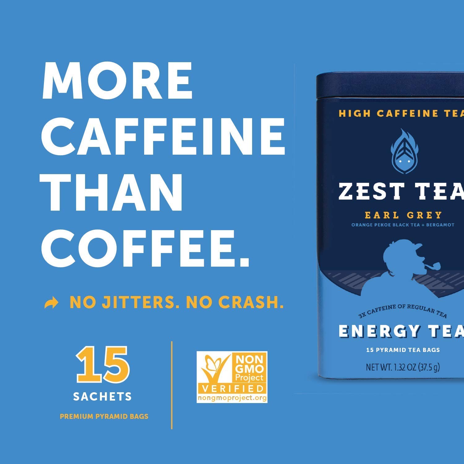 Zest Tea Premium Energy Hot Tea, High Caffeine Blend Natural – 15 Sachet Bags