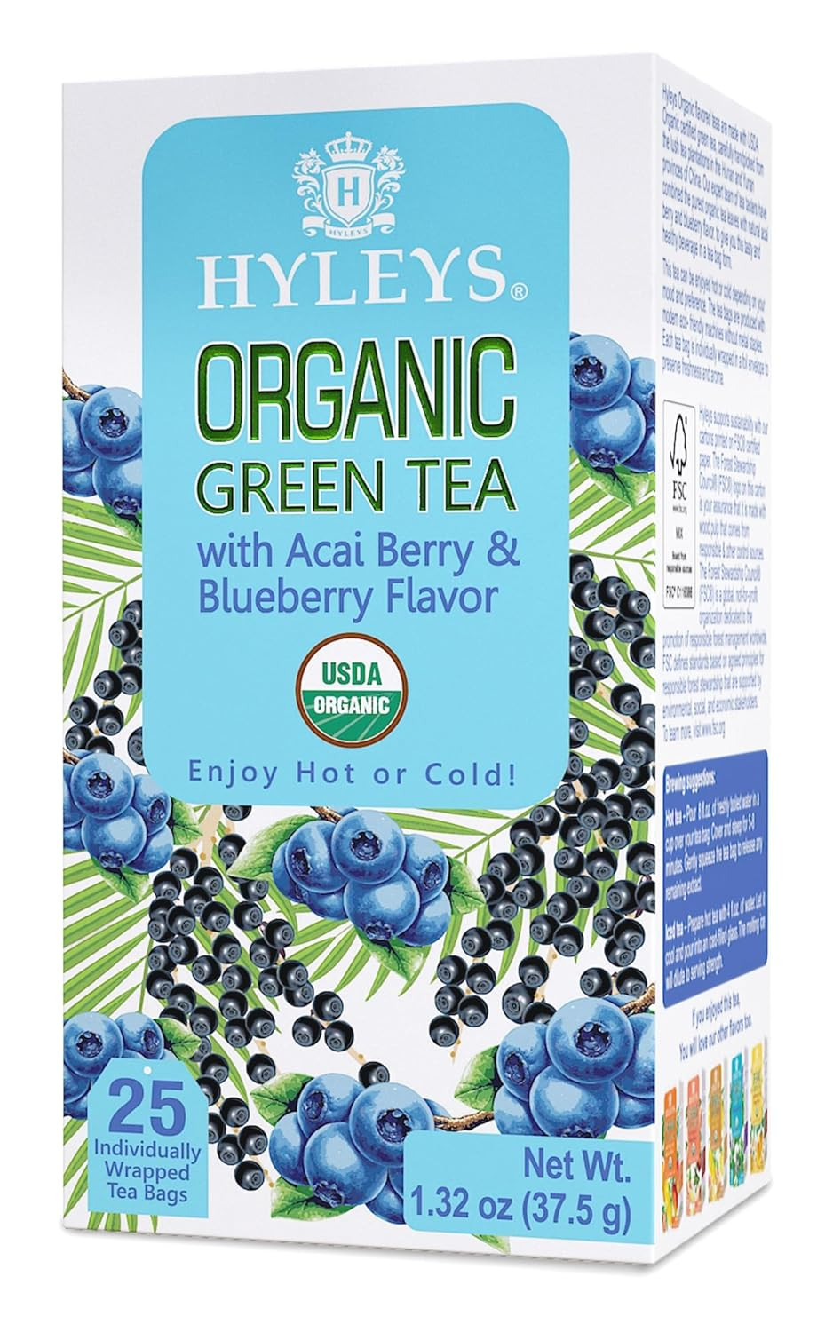 Hyleys Organic Green Tea Acai Berry and Blueberry Flavor – 25 Tea Bags