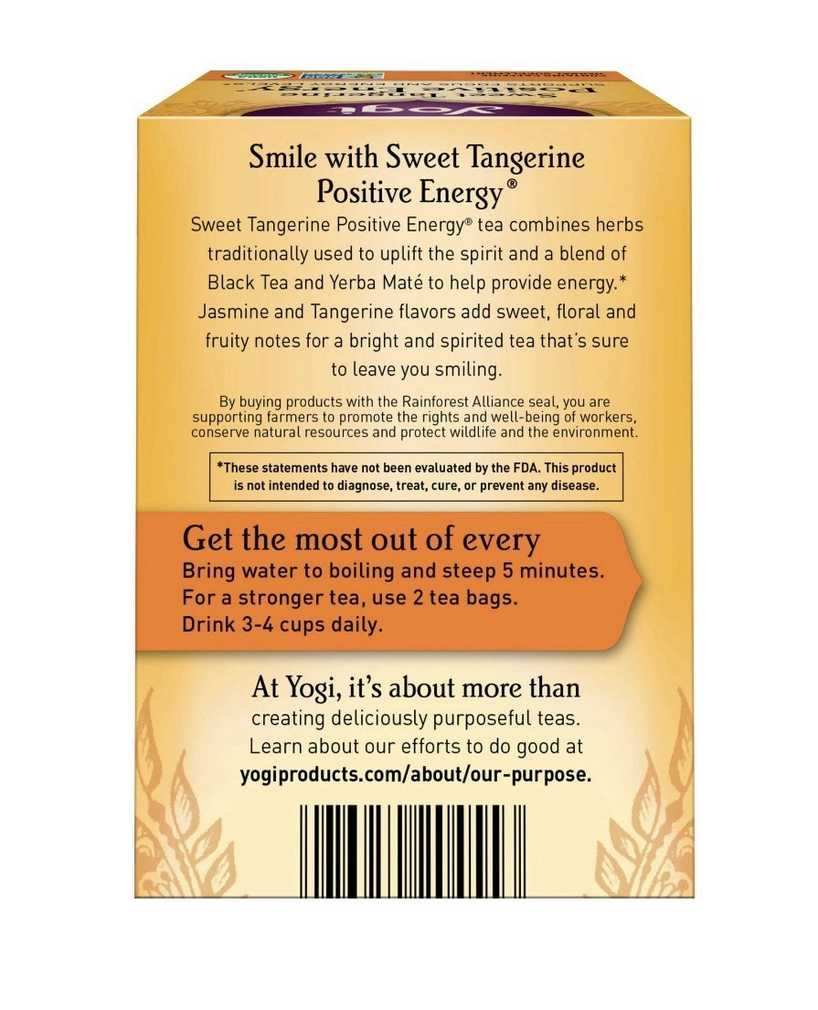 Yogi Sweet Tangerine Positive Energy Tea Bags, Contains Caffeine, Organic, 16 Ct