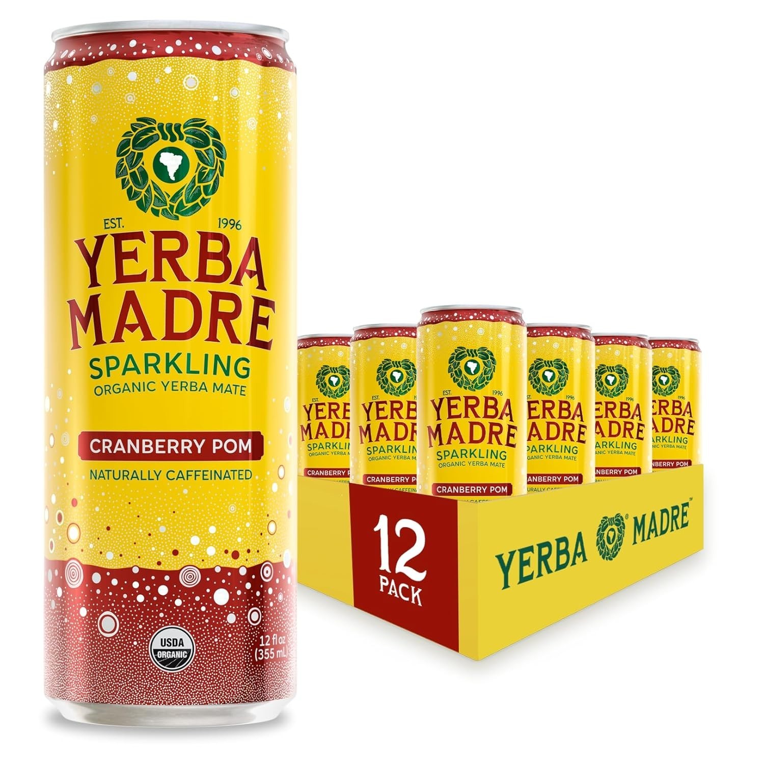 Yerba Madre Organic Sparkling Yerba Mate – Cranberry Pom, 12oz Cans Pack of 12