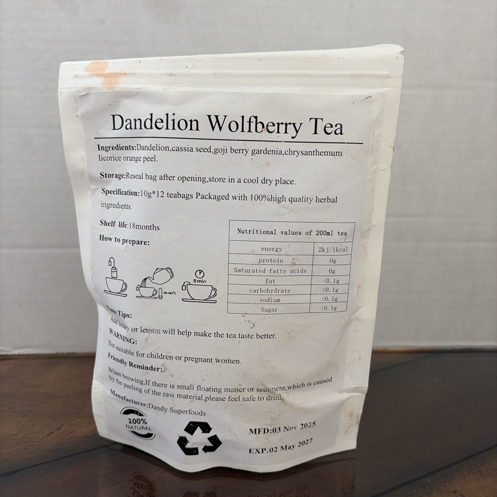 Dandelion Wolfberry Tea Bags, Organic Kidneys & Liver Tea 120g/Pack Exp 05/27
