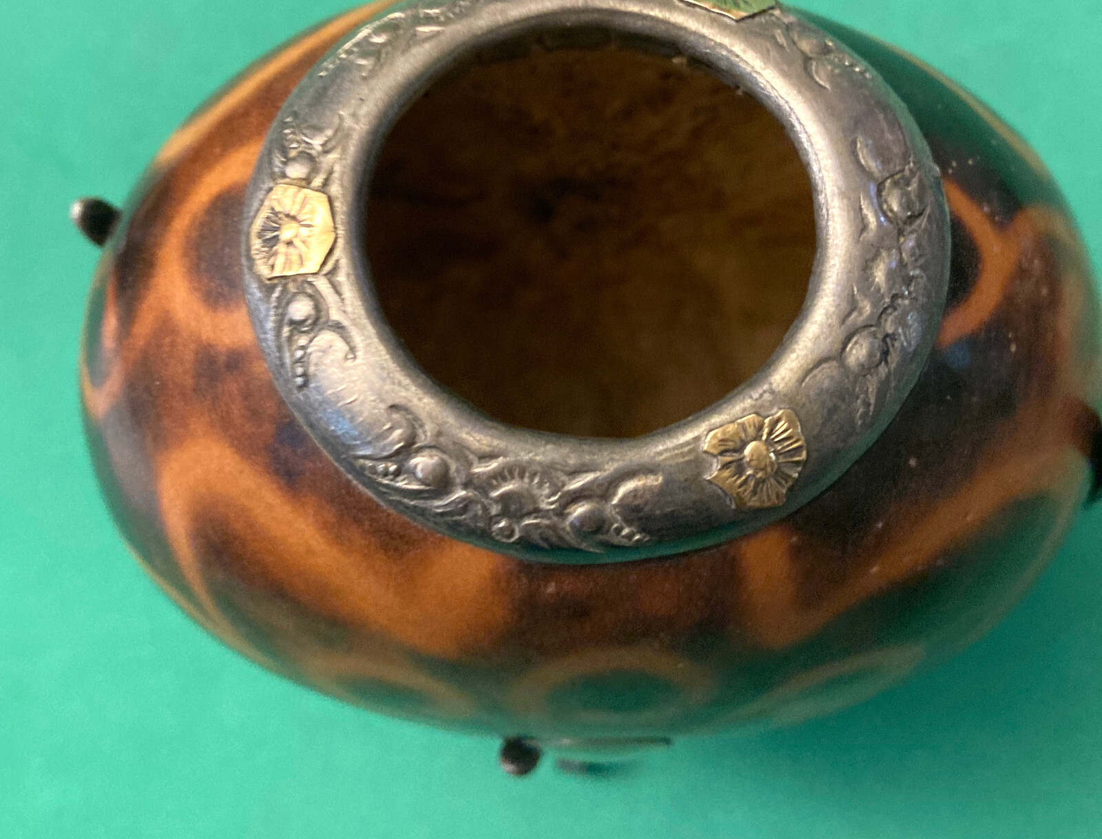 SCARCE ANTIQUE YERBA MATE GOURD CUP WITH STAND MADE IN ARGENTINA