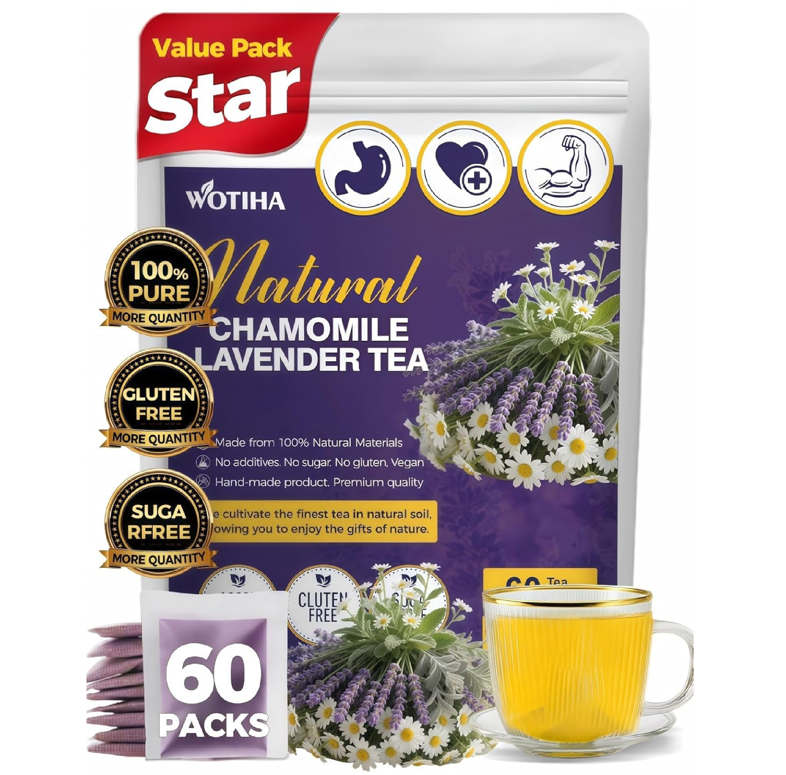 WOTIHA 60 Count Premium Chamomile Lavender Tea Bags – 100% Pure Flowers, Soothin