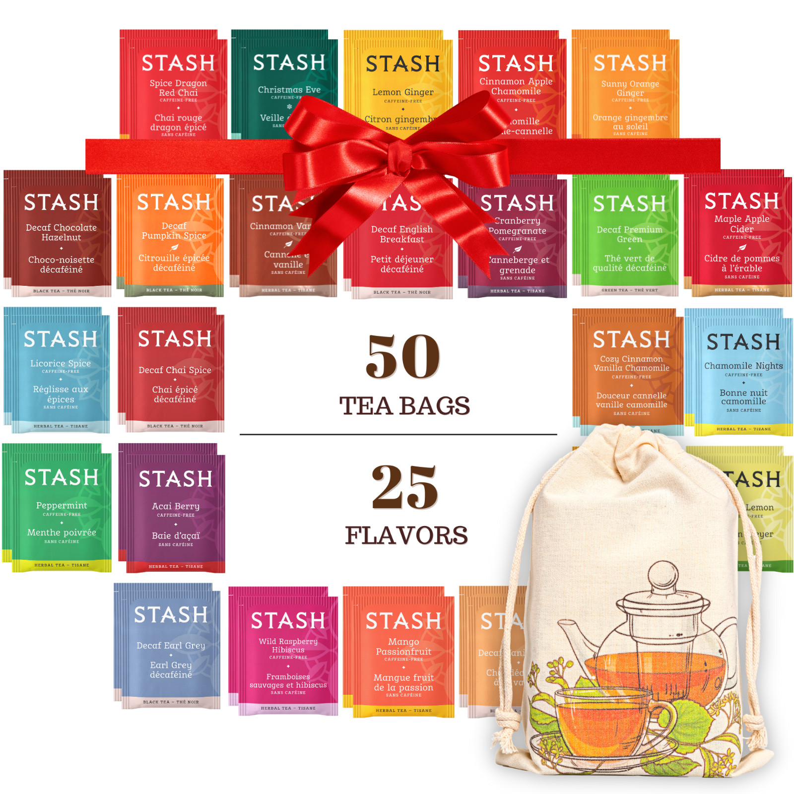 Stash Herbal & Decaf Tea Set 25 Flavors, 50 Tea Bags Sampler Caffeine Free Gift