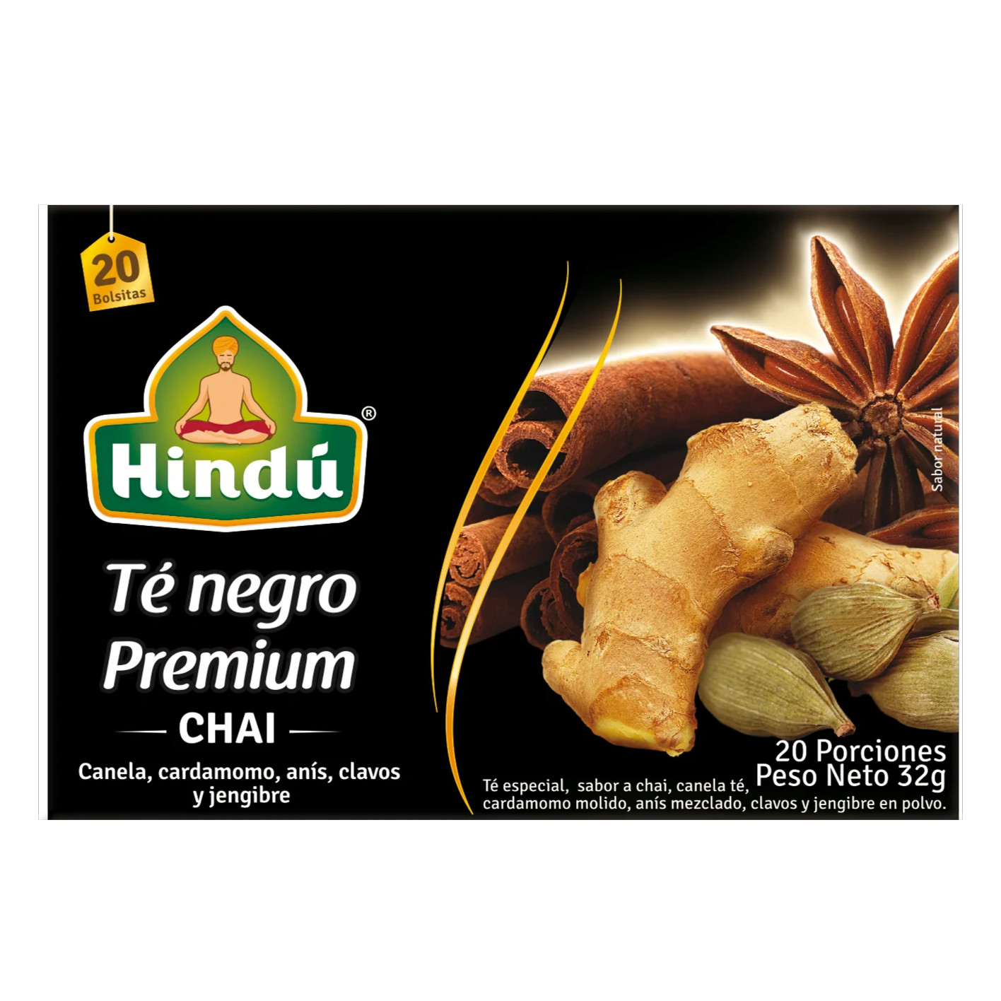 Hindu Black Tea Chai -Cinnamon-Anise-Cardamon-Clove-Ginger- 20 Bags (Pack of 2)