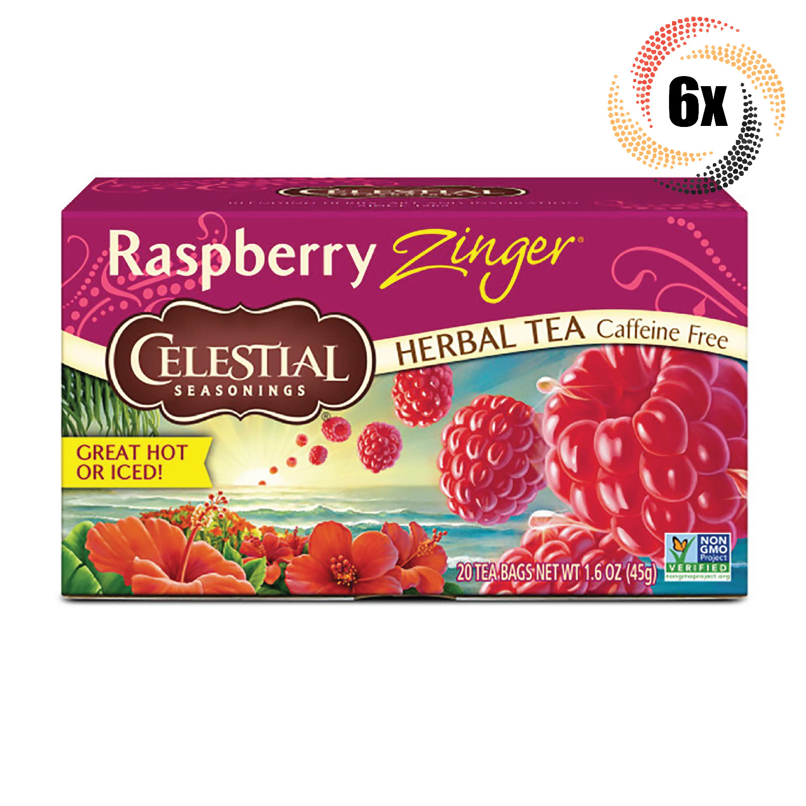 6x Boxes Celestial Seasonings Raspberry Zinger Herbal Tea | 20 Bags Each | 1.6oz