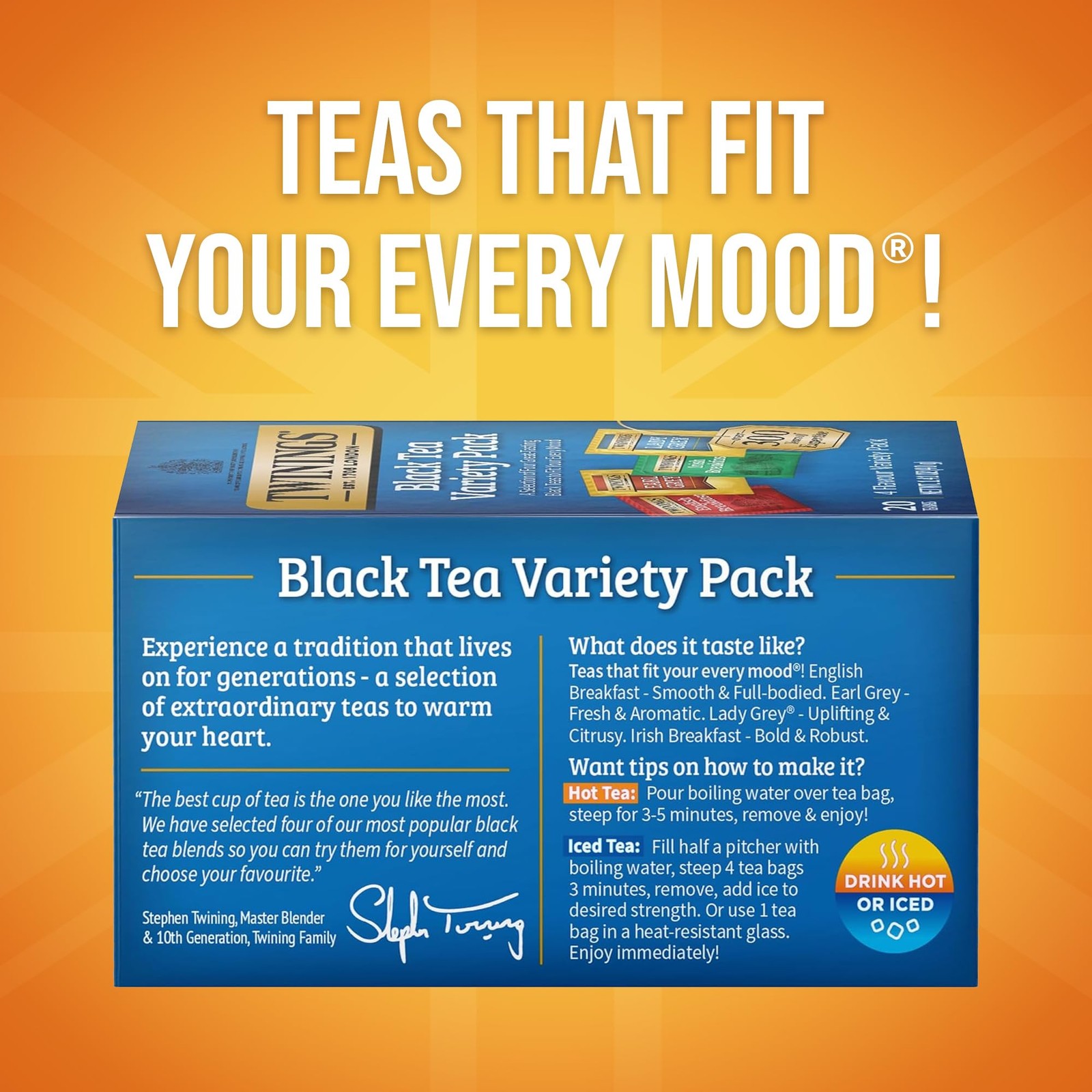 Twinings Black Tea Variety Pack 20 Count English Breakfast Earl Grey Lady Grey