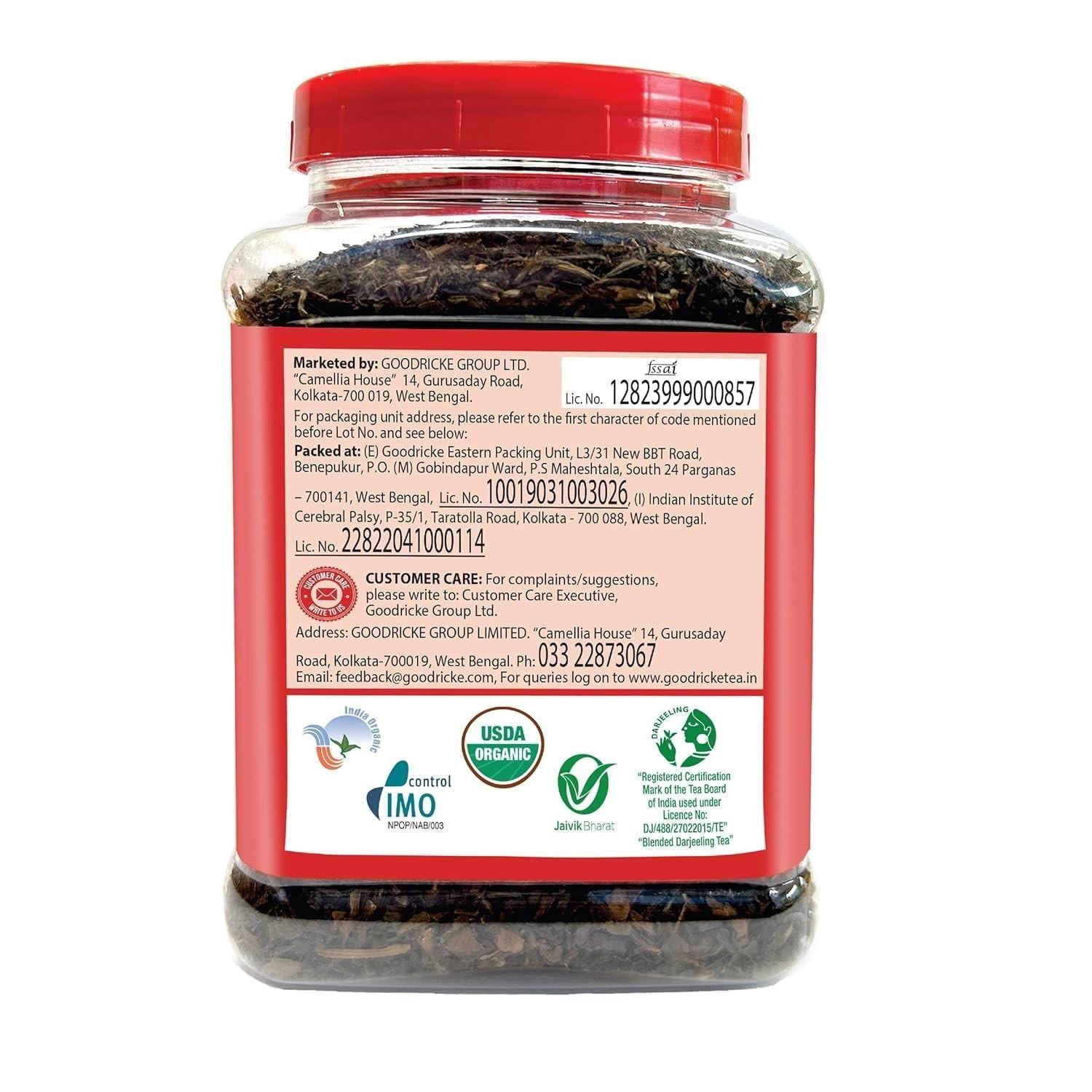 GOODRICKE Roasted Organic Darjeeling Tea Jar 250gm Flavoury Golden Orange Pekoe