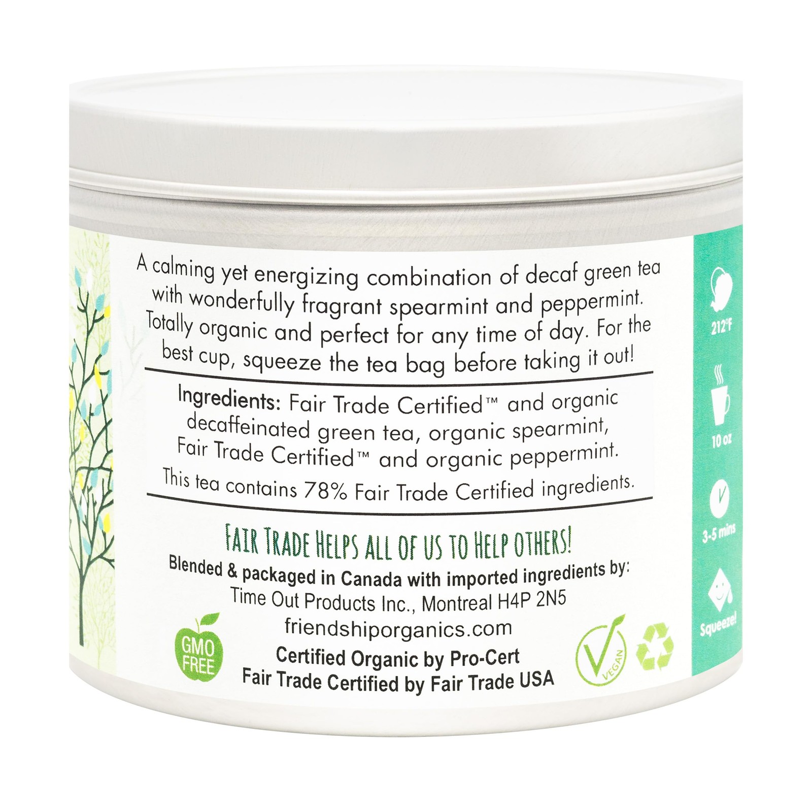 Decaf Green Mint Tea Bags, Organic and Fair Trade 22 Count