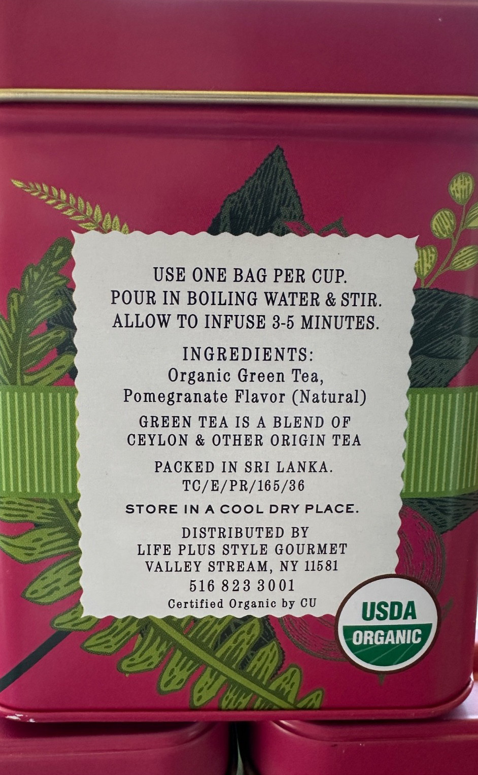 The Secret Garden Organic Pomegranate Green Tea 50 Bags (3 Tins) BBD 12/25