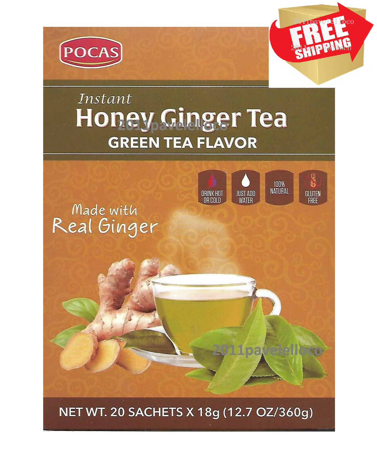 Instant Honey Ginger Green Tea 20 bags – Pocas gluten free no caffeine te verde