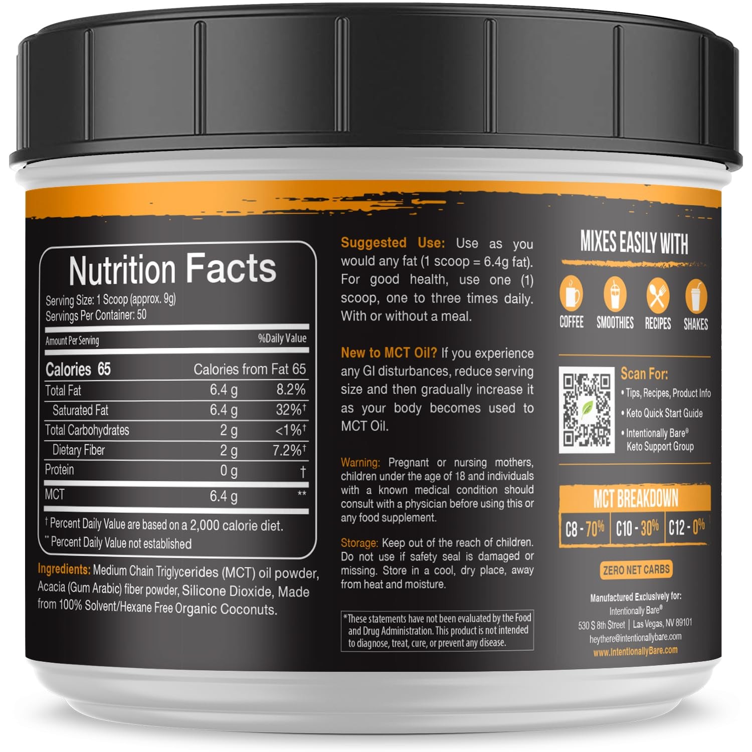 Intentionally Bare MCT Oil Powder – Unflavored Coconut 1 Pound (Pack of 1)