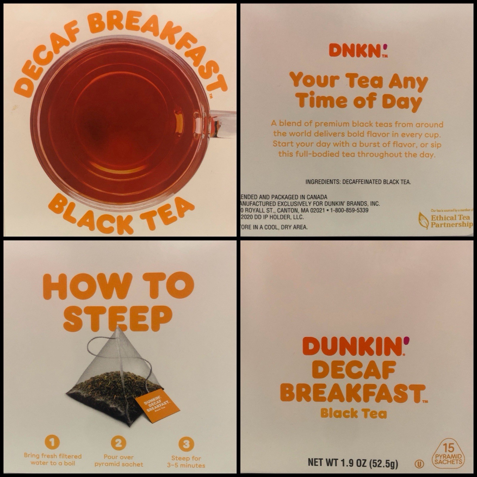 Dunkin Decaf Breakfast Black Tea Total 30 Tea bags Decaffeinated Anytime Of Day