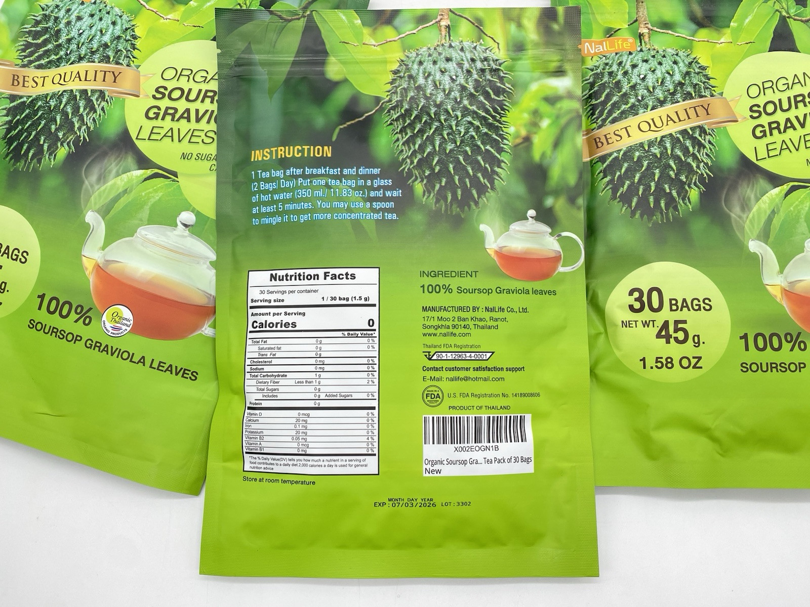 NalLife Organic Soursop Graviola Leaves Tea 3 pk- 30 Bags Each Caffeine Free