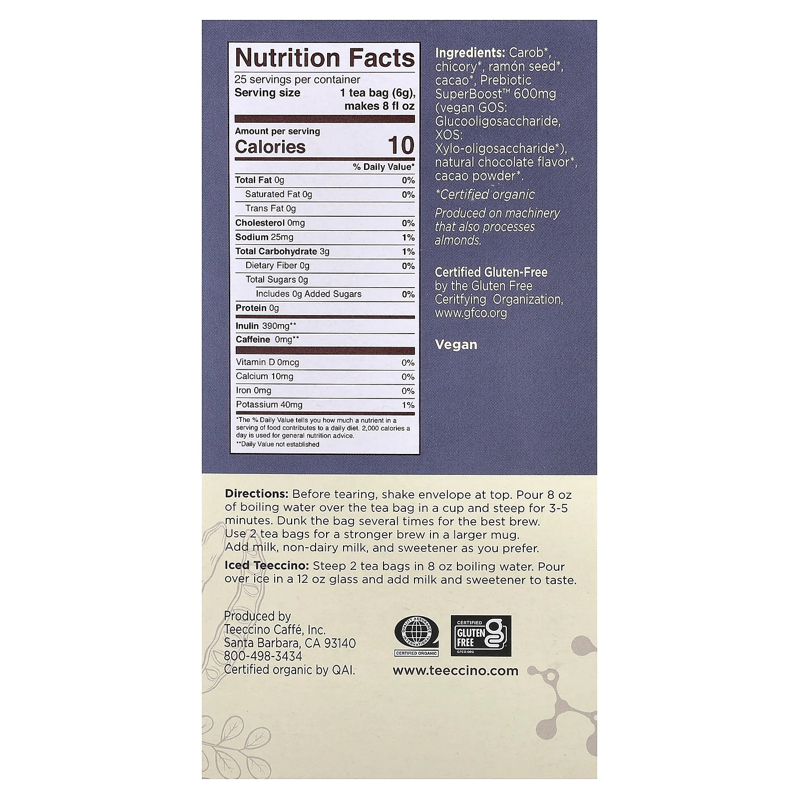 Prebiotic Herbal Tea, Dark Chocolate, Caffeine Free, 25 Tea Bags, 5.3 oz (150 g)