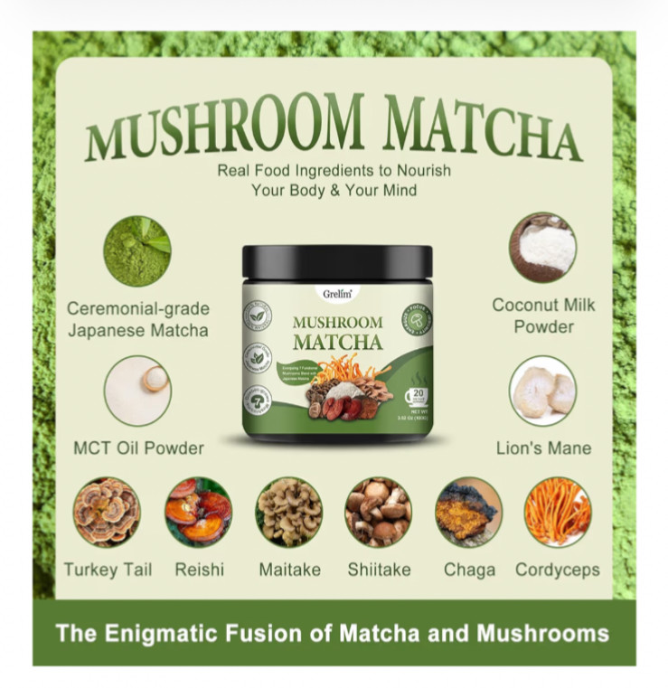 Grelim Mushroom Matcha Infused With 7 Superfood Mushrooms, MCT Oil, Coconut Milk