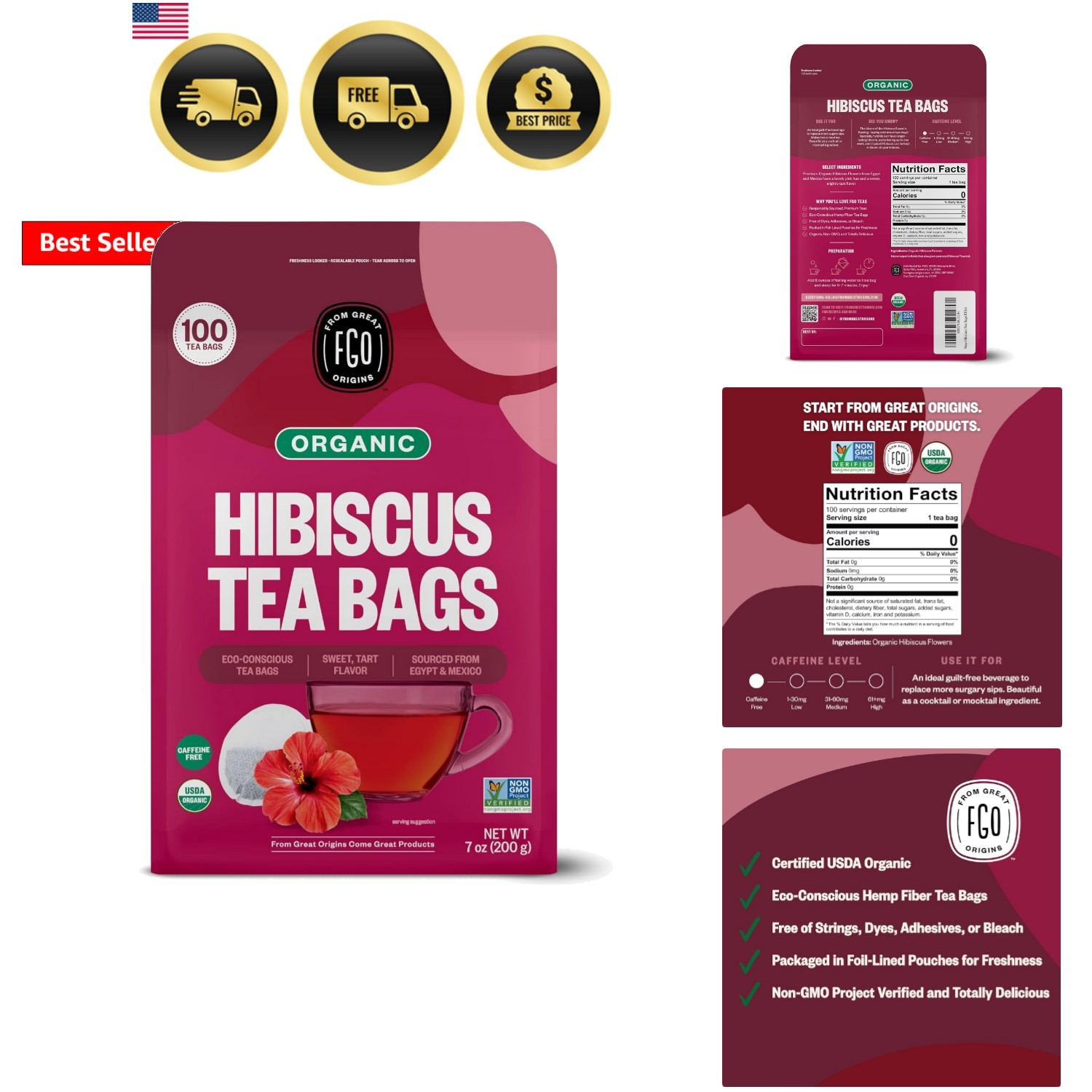 Organic Hibiscus Tea, 100 Count, Eco-Conscious Tea Bags, Caffeine Free, Packa…