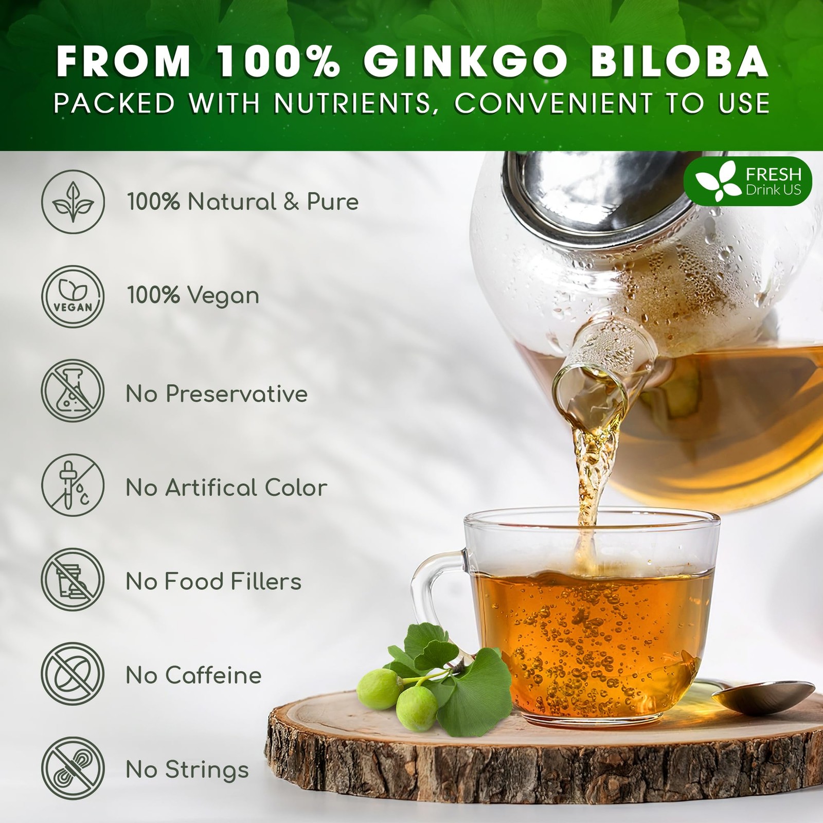 FreshDrinkUS, Premium 75 Ginkgo Biloba Leaf Tea Bags, 100% 75 Bags