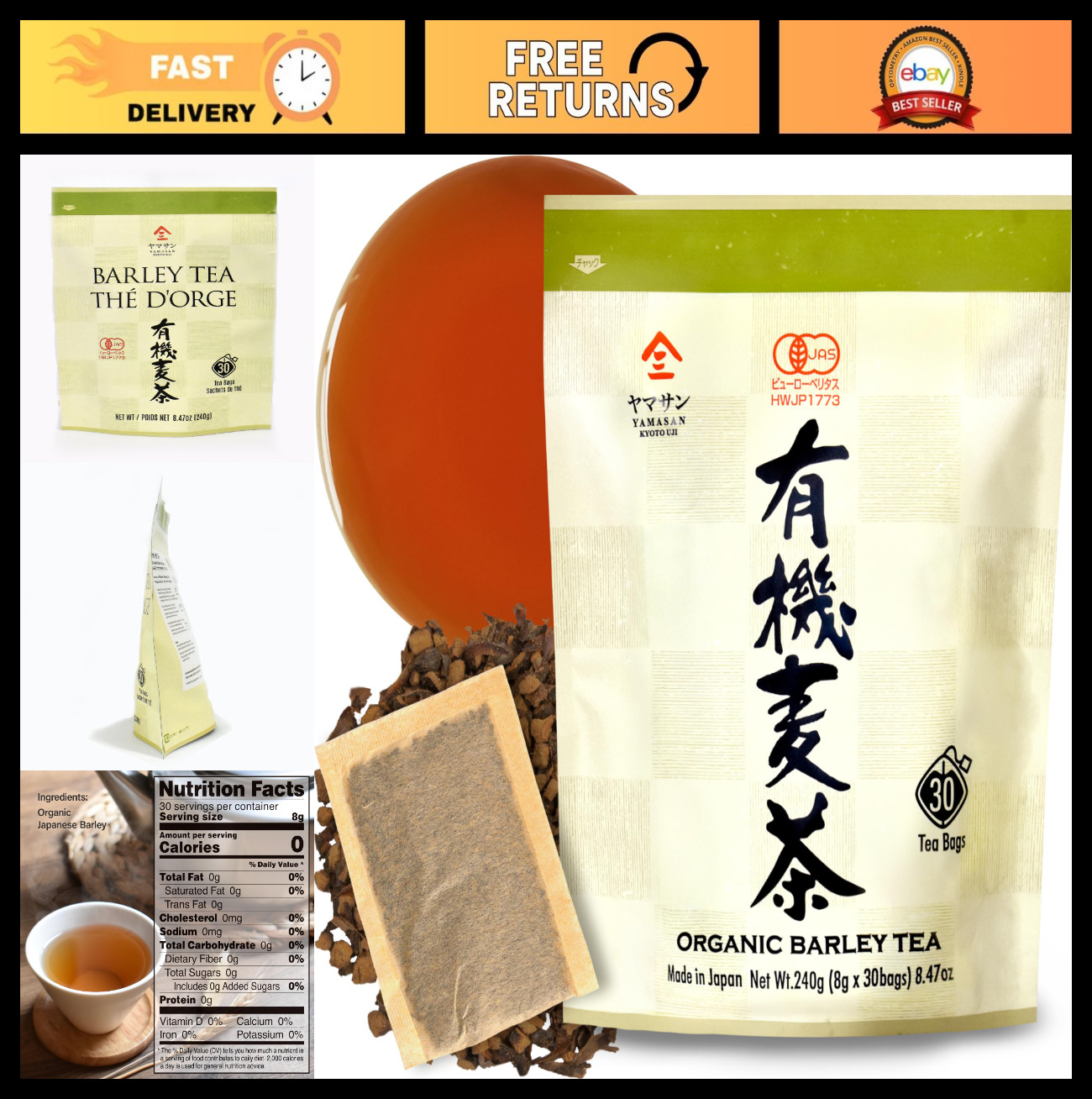 Caffeine-Free Organic Barley Tea Bags – 100% Natural Vegan Mugicha, 30 Large Bag