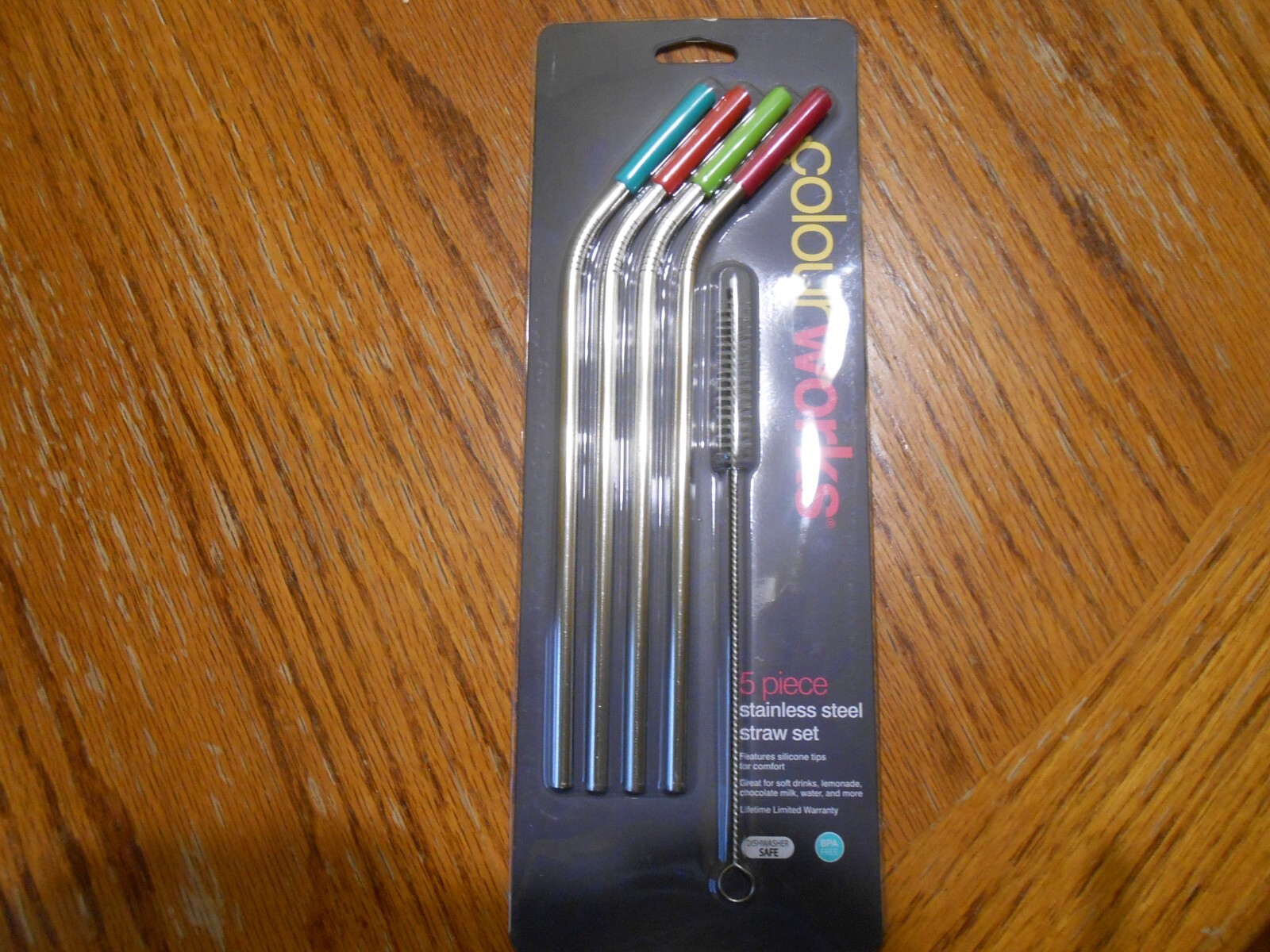 COLOUR WORKS Reusable Stainless Steel Drinking Straw Set (4 Straws/1 Brush) NIP